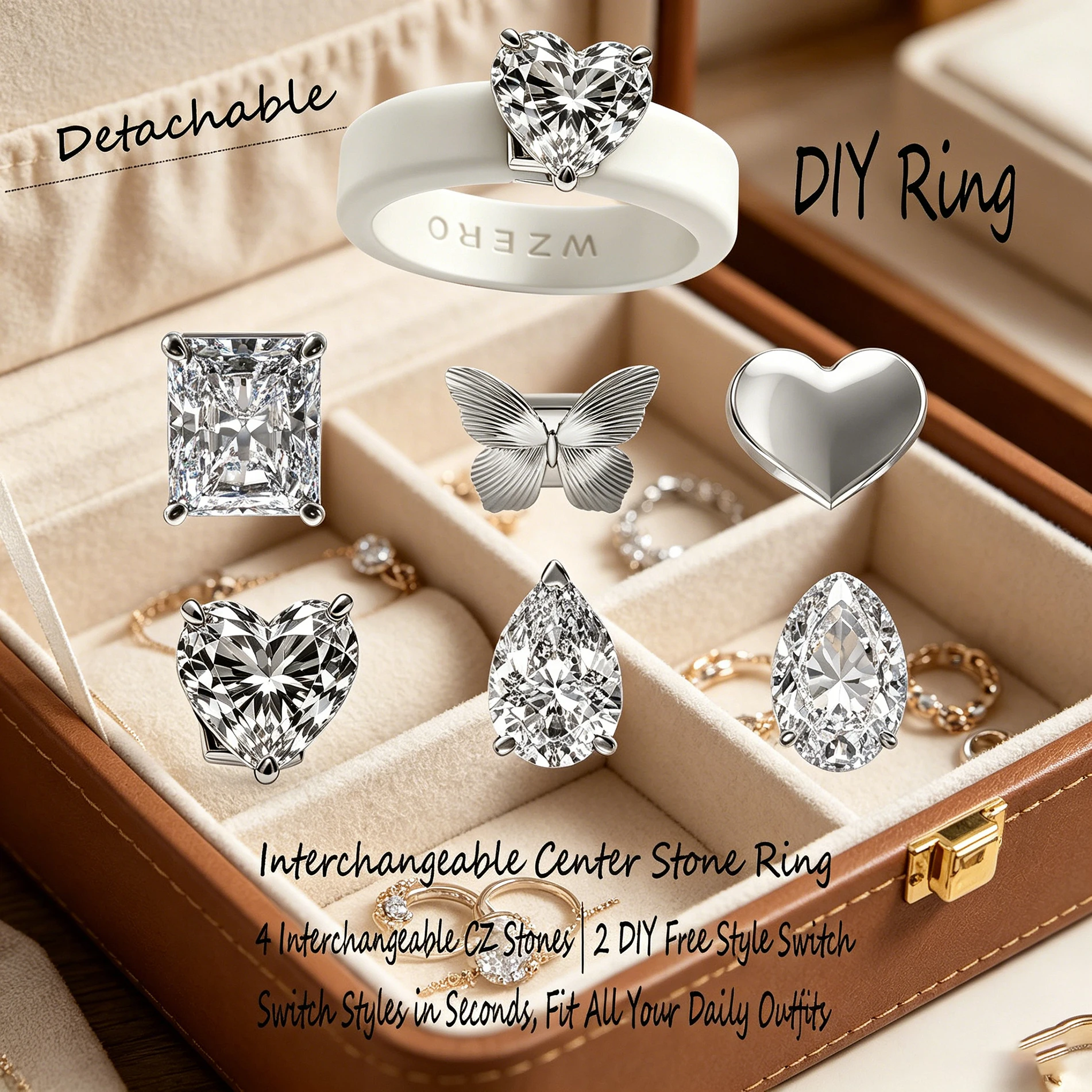 7-Piece Set Interchangeable Zircon White Silicone Ring DIY Detachable Dual Color Minimalist Ins Style Low Allergy Waterproof for