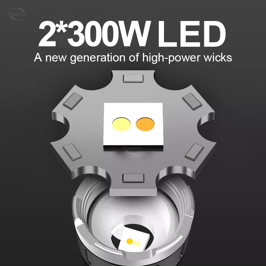 600W Dual White Laser Super High Power LED Rechargeable Flashlight Type-C Charging Strong Light Fishing Lantern Hand Torch