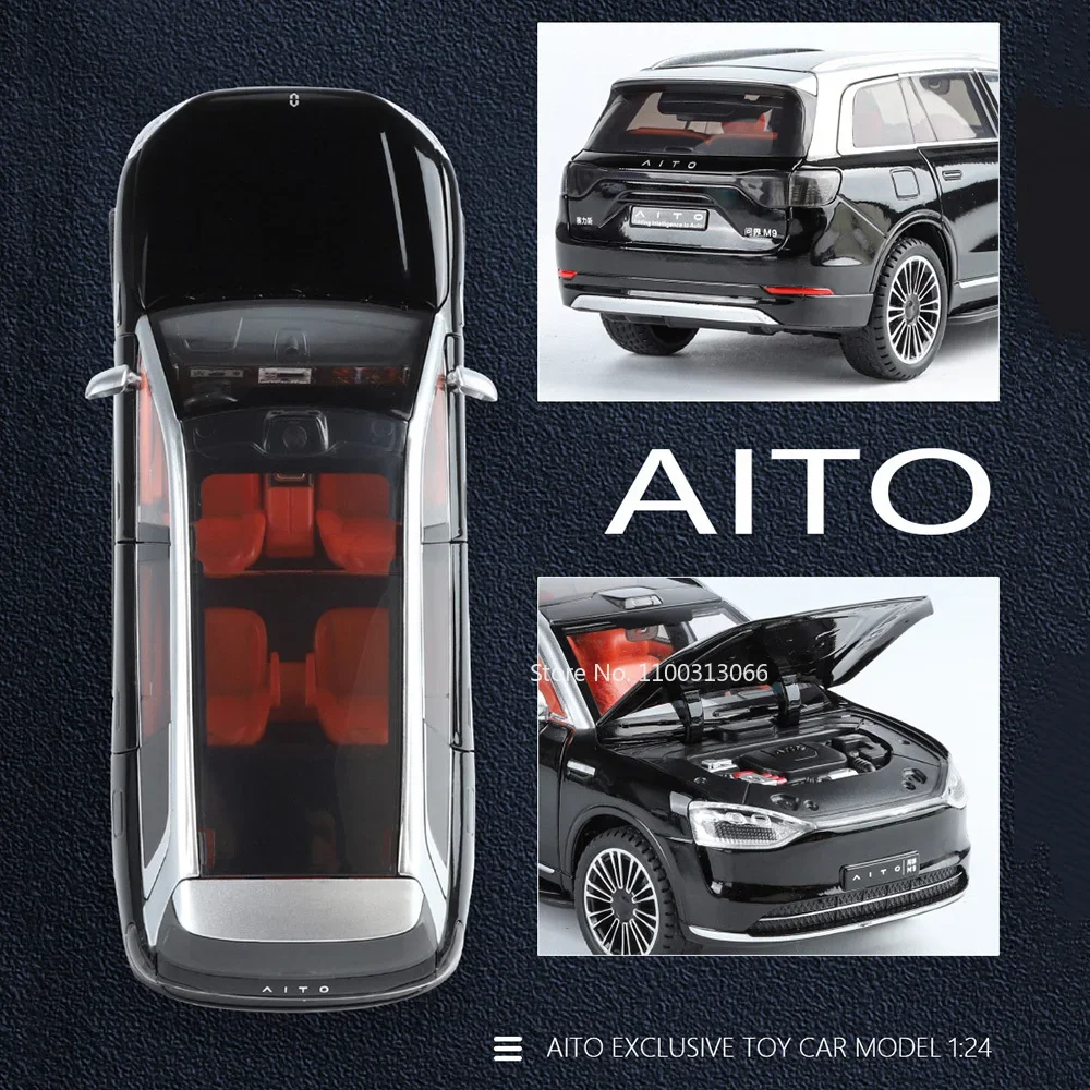 Serie AITO M9 a escala 1/24, coches de aleación fundidos a presión, 6 puertas abiertas, SUV con sonido ligero, vehículos, juguetes para niños, regalos de Festival