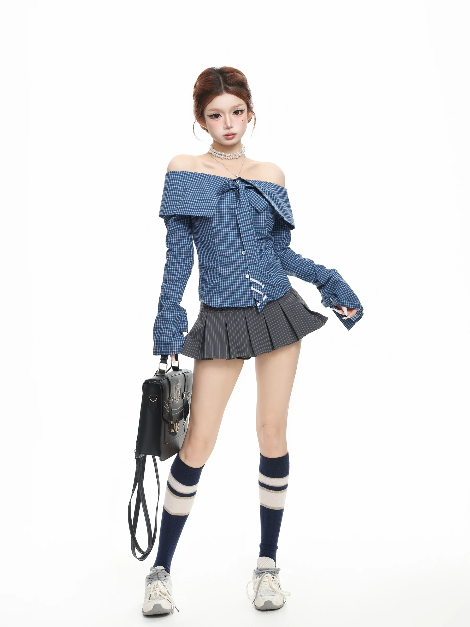 BASTERDS Korean Style Plaid One Shoulder Long Sleeve Shirt Women's Slimming Top  Knot Autumn Fashion Trend