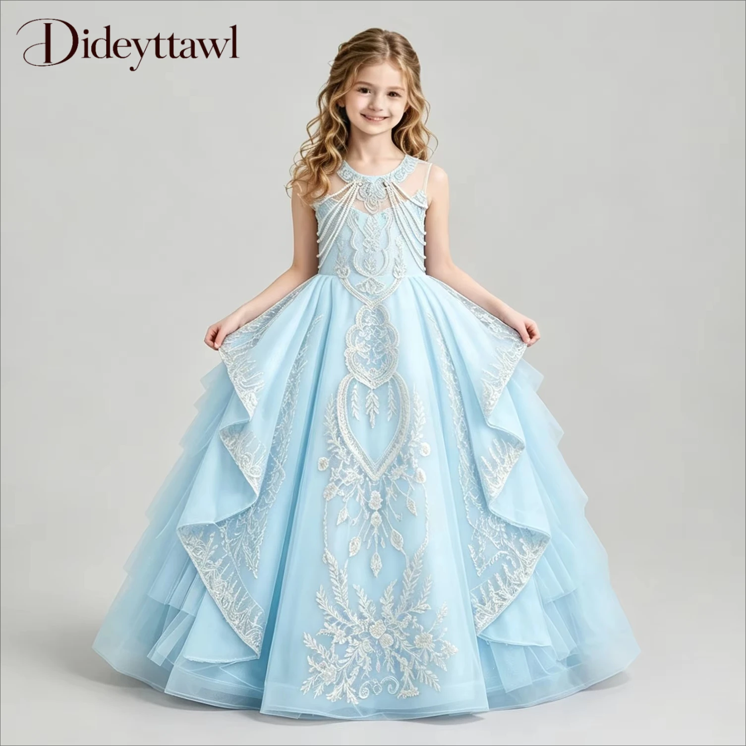 Dideyttawl Luxury Lace Appliques Pageant Dress Multi Colors Pearl Beaded Tulle Long Train Ball Gown for Wedding Birthday Par