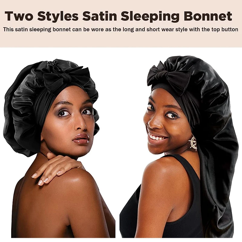 New Women Long Satin Bonnet Sleep Cap Silky Sleeping Cap with Wide Elastic Band Hair Care Curly Hair Natural Hair