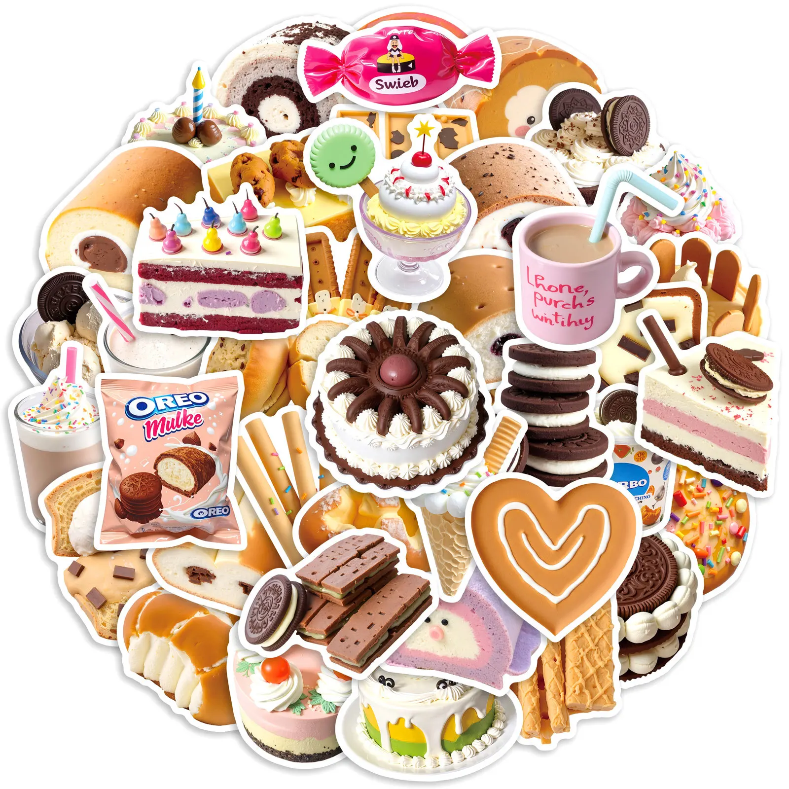 

50PCS Cartoon Ins Style Dessert Food Stickers Graffiti Decoration Water Cup Mobile Phone Case Notebook Waterproof DIY Toy Gift