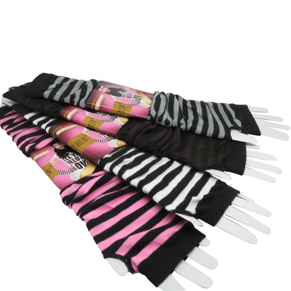 Comfortable Cotton Sleeve Wrist Arm Dew Finger Women Striped Glove Hand Mitten Arm Warmers Fingerless Gloves