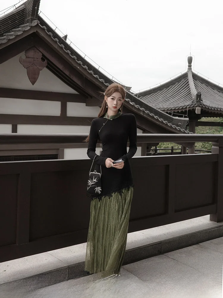 

Новое китайское платье EIA One Yao Liangzhou в стиле ретро для женщин, осенне-зимнее, с завышенной талией, длинное