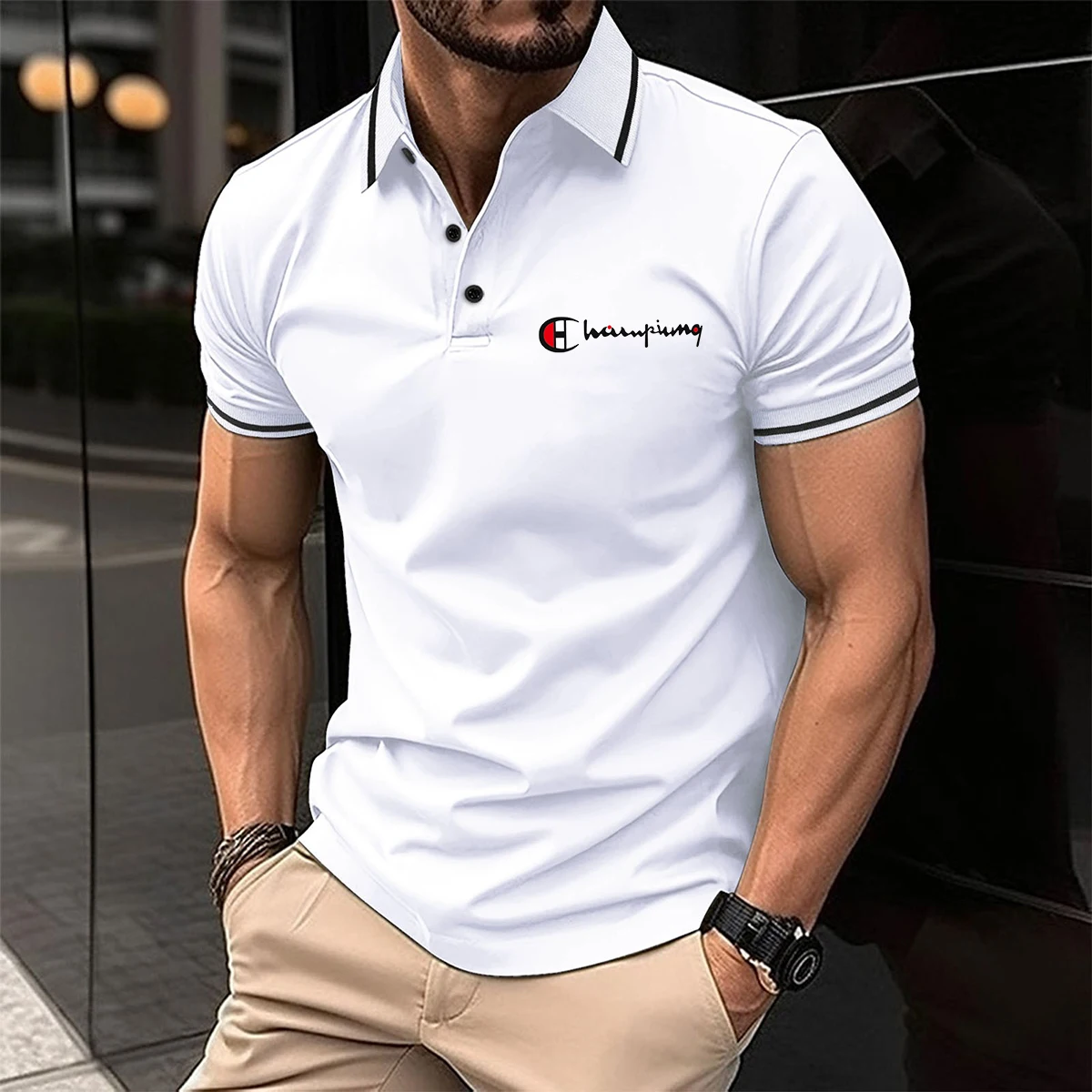 Trendiges Herren-Kurzarm-Polo: Leicht & Feuchtigkeitsableitend, Streetwear-Markenprint, Vielseitig für den Alltag