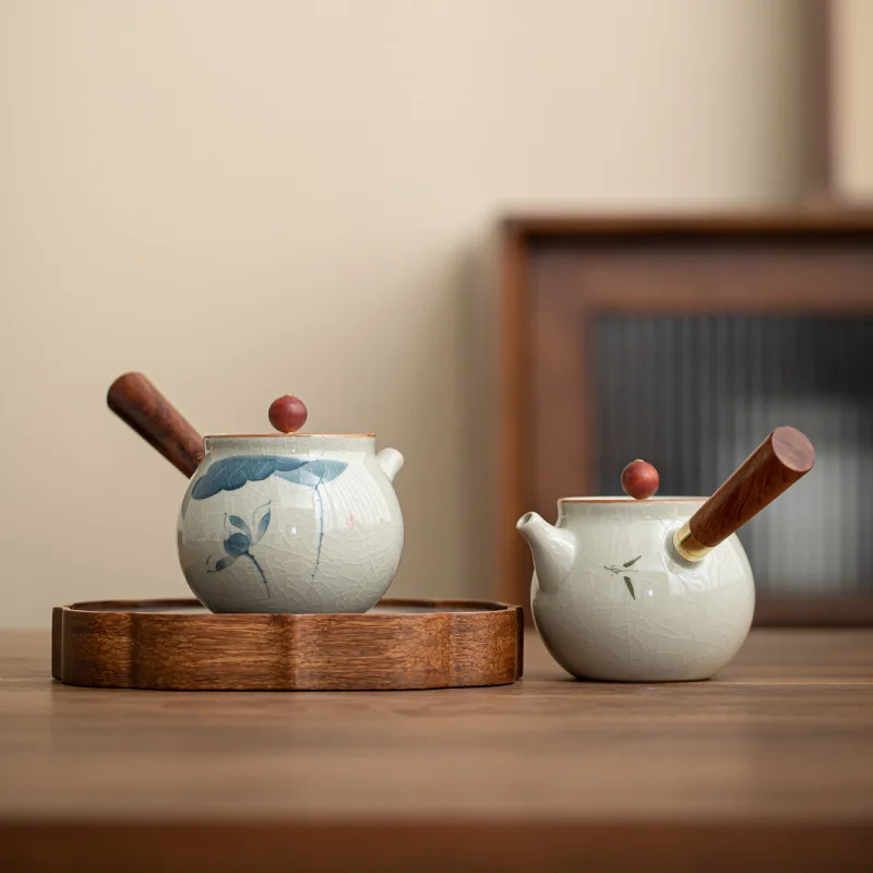 Ceramic Ge Kiln Hand-painted Side Handle Pot Tea Brewing Skills Single Pot Household Use Heat-resistant and Can Be Maintained