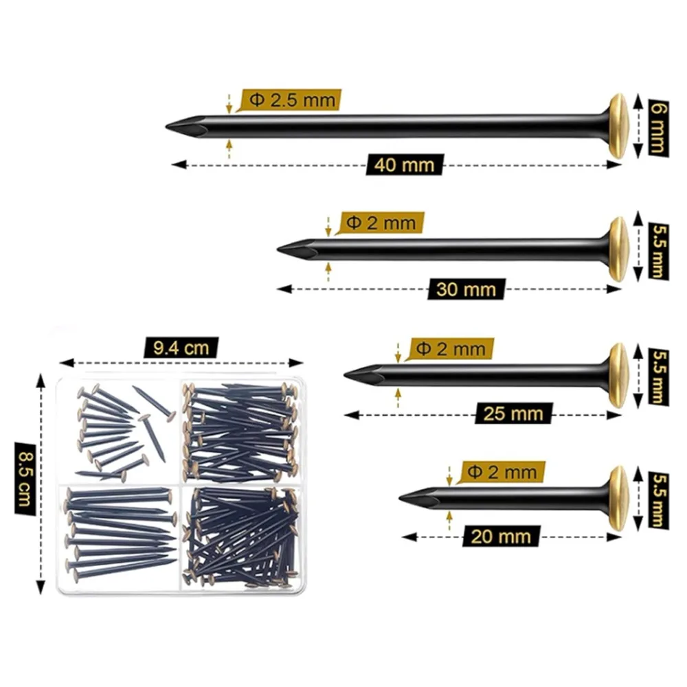 

120 шт. гвоздей из нержавеющей стали для картин, 20 мм, 25 мм, 30 мм, 40 мм, с золотой головкой, для бетона, кирпича, дерева, стен, без сверления