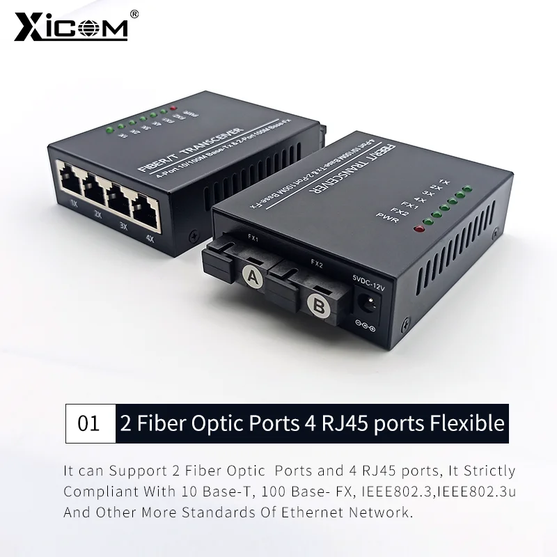 1 Pcs 10/100M 20KM 2 Fiber Optic Ports 4 RJ45 Port Media Converter 1310nm/1550nm&1310nm Single Mode SC Fiber Optical Transceiver