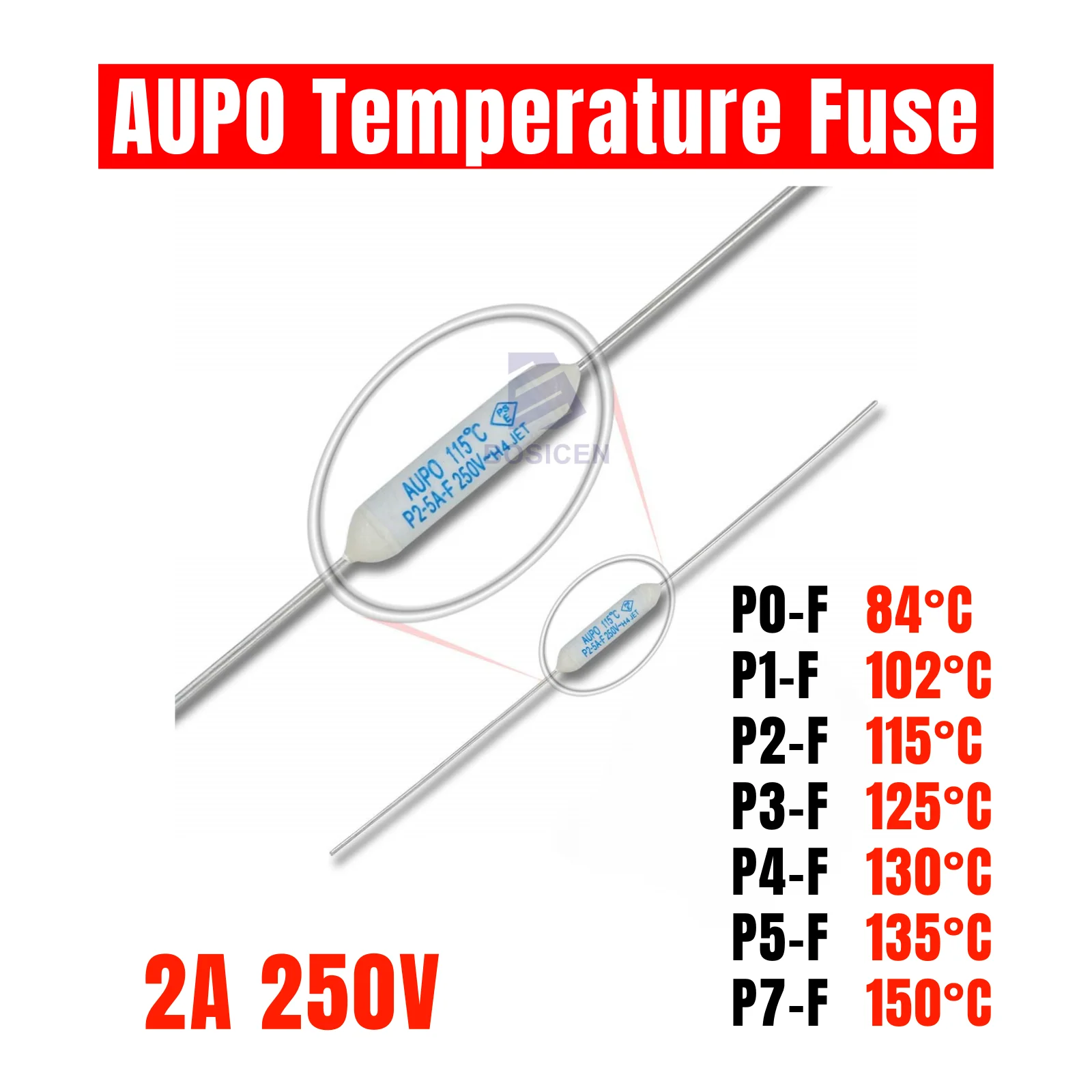 AUPO 2A 250V JET RF P0-F P1-F P2-F P5-F P7-F 84/102/115/125/130/135/150 ℃ Sekring suhu resistif keramik