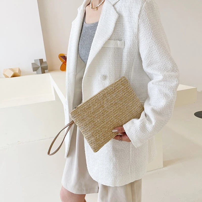 Summer Beige Straw Clutch Bag, Herringbone Weave Wristlet Strap, Boho Aesthetic, Perfect for Beach Trips Casual Summer Events. view 3