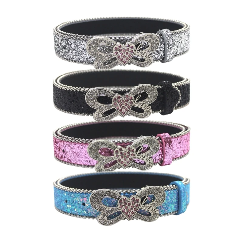 

Adult Teens Shinning Rhinestone Waist Belt with Heart&Butterfly Buckle Women Y2K Girls Sequins Thin Belt Jeans Skirt Waistband