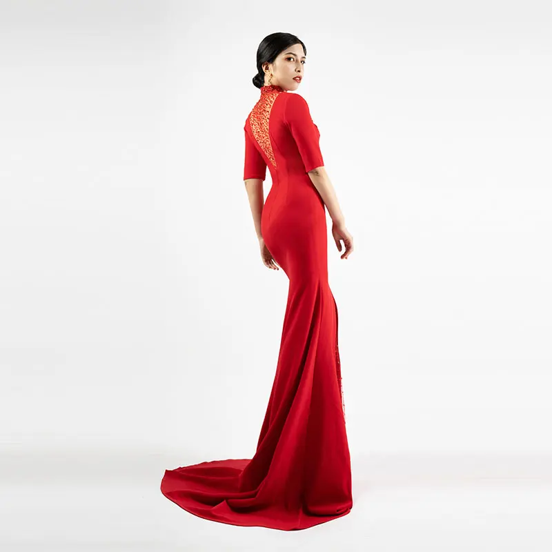 Luxury Custom 2024 New Red Evening Dress Annual Meeting Show Host Stand-Up Collar Slim Fit Hip Wrapping Dressed Women H50