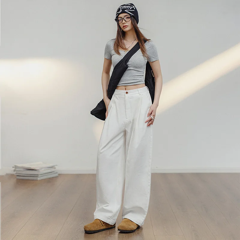 Maden White Cotton Casual Pants for Women Loose Straight Cargo Pants Versatile Wide Leg Pants Summer Streetwear Trousers