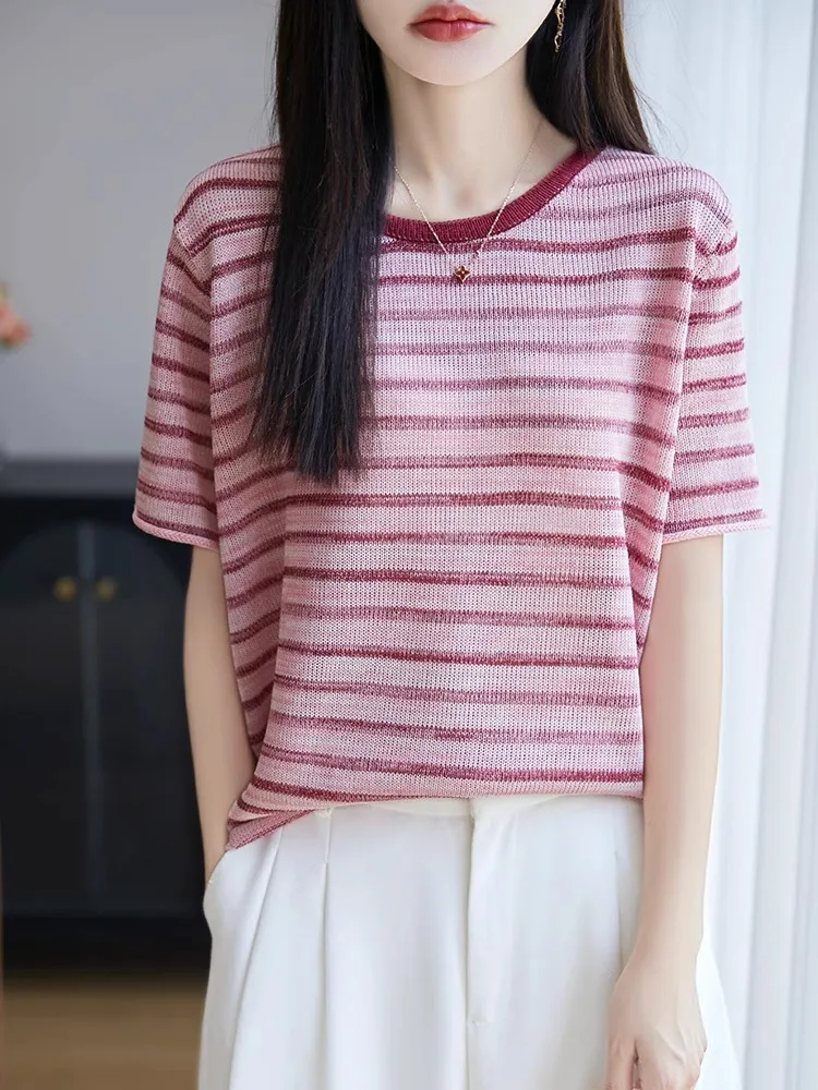 Summer New Pearl Linen ort Sve T-irt Women round Ne Striped Knitted Loose Casual Versatile Top Thin Sle