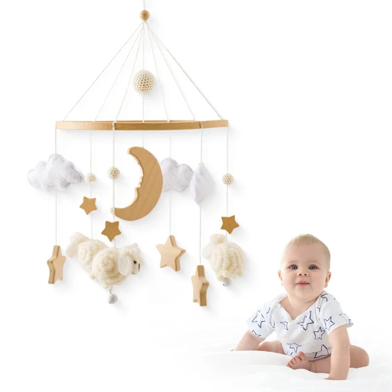 Holz Baby Rassel Handy 0-6 Monate weichen Filz Cartoon Schaf Stern Mond Neugeborene Spieluhr hängen Bett Glocke mobile Kleinkind Spielzeug Geschenk