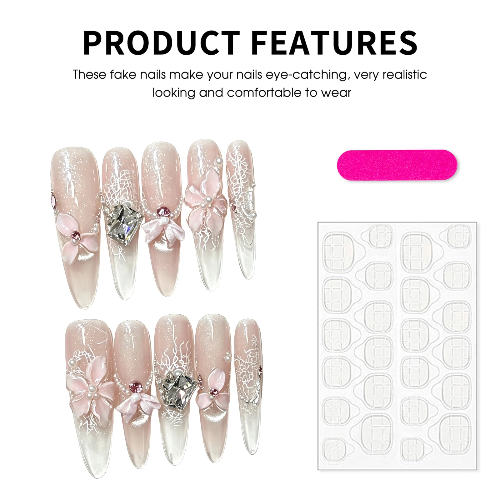 10pcs 3D Pink Floral Press On Nails Glitter French Style False Nails with Butterfly Bowknot Rhinestone Pearls DIY Elegant Nails - view 5