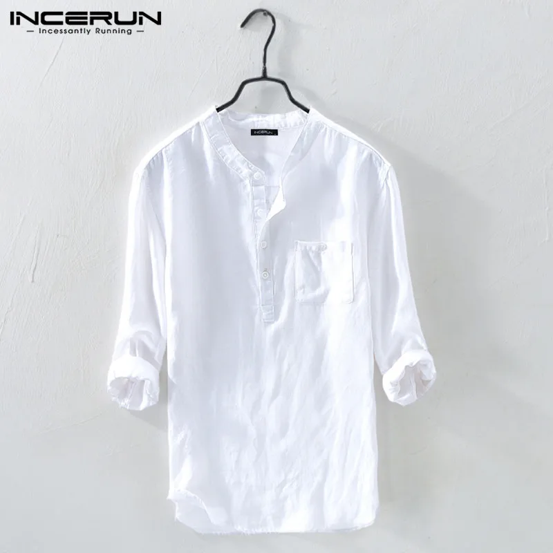 INCERUN Men\'s Shirt Solid Color 3/4 Sleeve Cotton Stand Collar Vintage Male Shirts Harajuku 2024 Streetwear Men Clothing S-5XL