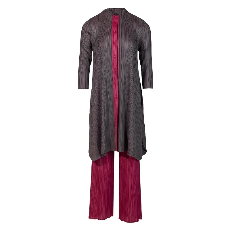 

Miyake Pleated Cardigan 2026 New Stand Collar Mid-Length Top Coat Wide Leg Pants 2-Piece Set European Plus Size Women's Clothing