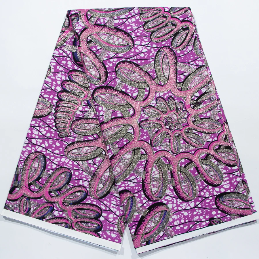 

Африканская ткань с золотыми вкраплениями и голландским восковым кружевом, розово-фиолетовая блестящая ткань Анкара для пошива платьев