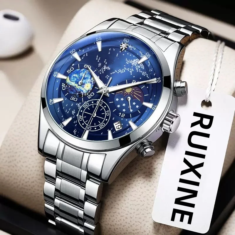 Men Luxury Starry Sky Stainless Steel Chronograph Watch Sun Moon Earth Dial Luminous Waterproof Quartz Business Sport Male Wrist