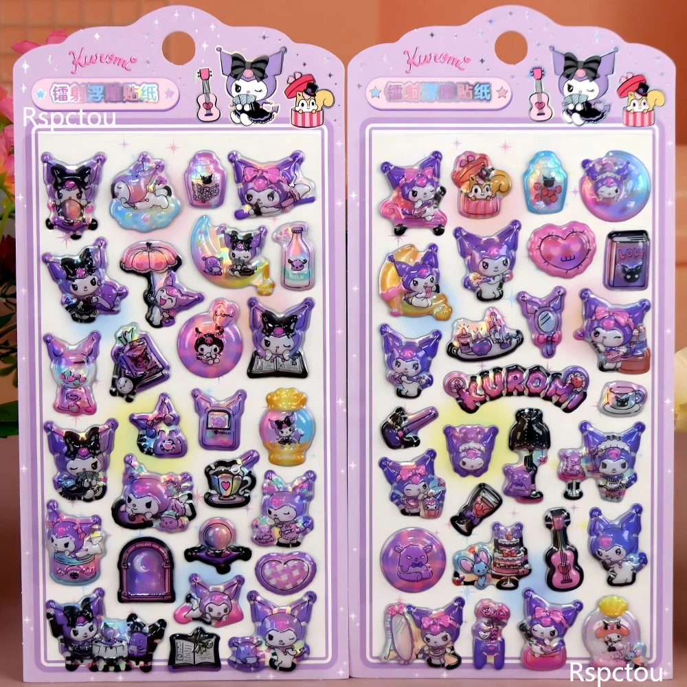 

4 шт. забавные 3D-наклейки Sanrio Kuromi с лазерным рельефом, милые мультяшные стикеры для украшения чемоданов, телефонов, ноутбуков, кавайные наклейки, игрушки, подарки