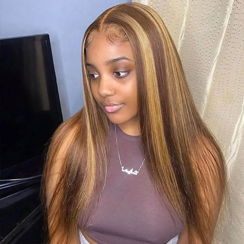 

4/27 Highlight Wig Human Hair Straight 13x6 Hd Lace Frontal Wig 200% Плотность Предварительно выщипанный Ombre Медовый Блондин Коричневый Парик из человеческих волос