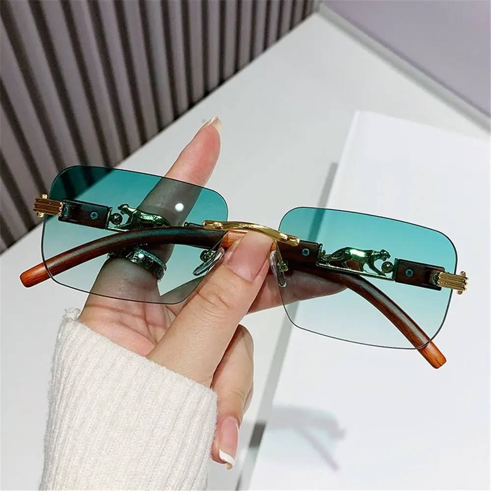 Trendy Rimless Cut Edge Sunglasses Unique Cheetah Design Cool Metal Temples Rectangle Sun Glasses Retro Shades Traveling Eyewear