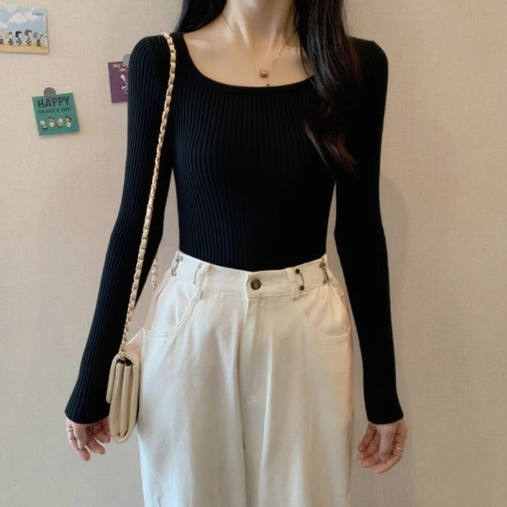 O Collo Sottile T-shirt elasticizzata Pullover Abbigliamento donna Nero Bianco Arancione O-Collo Camicetta in maglia S-XL Maglione sexy a maniche lunghe Top Girl