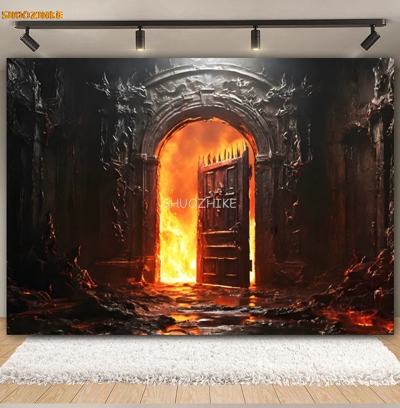 Hell Gate Hellfire Halloween Backdrop Horror Hell Flame Gate Grim Reaper Halloween Party Photography Background Photo Studio