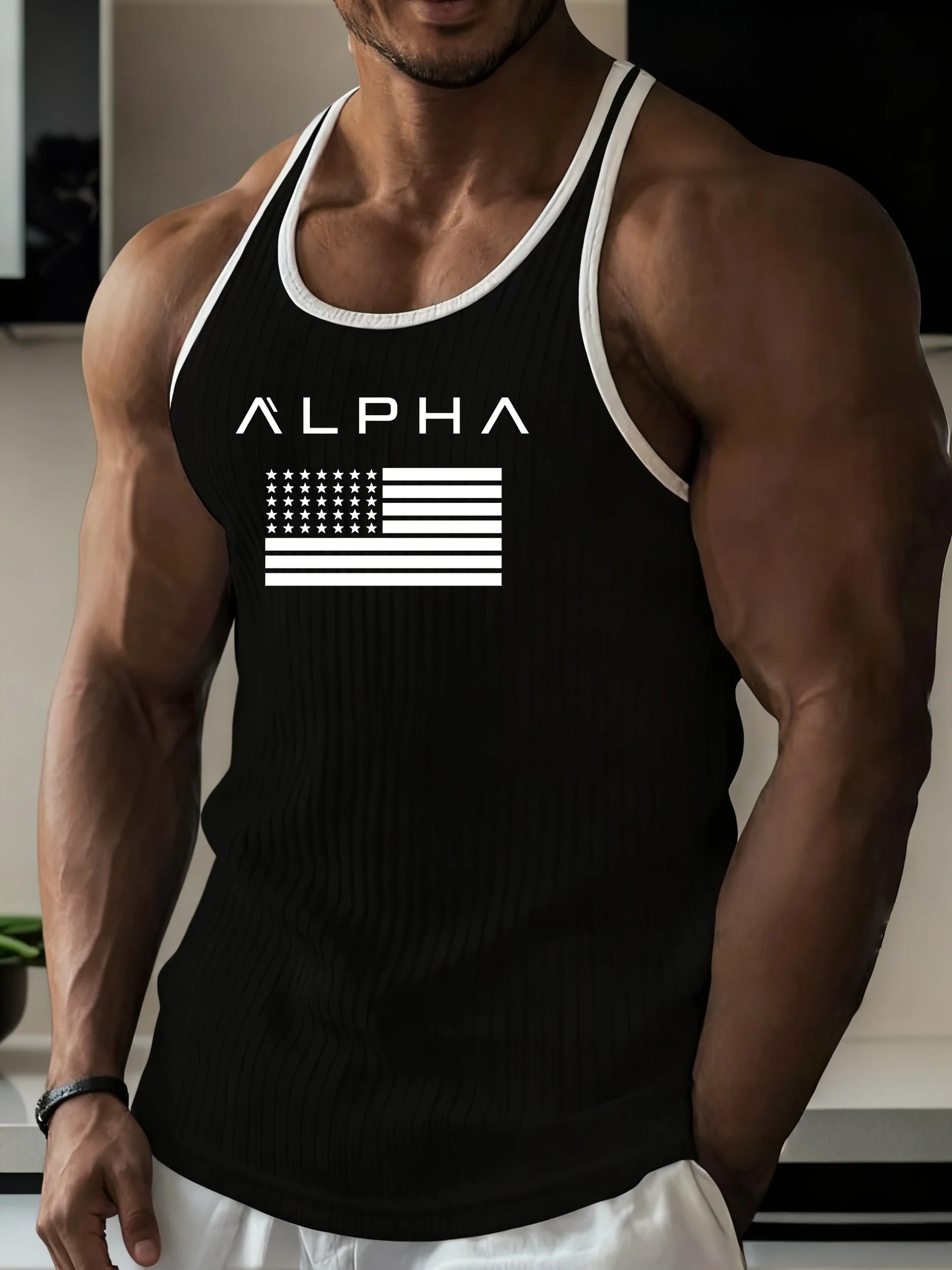 New Fitness Sports Tank Top Men's Sleeveless Summer Knitted Vertical Striped Casual Slimming Men's Sports Tank Top
