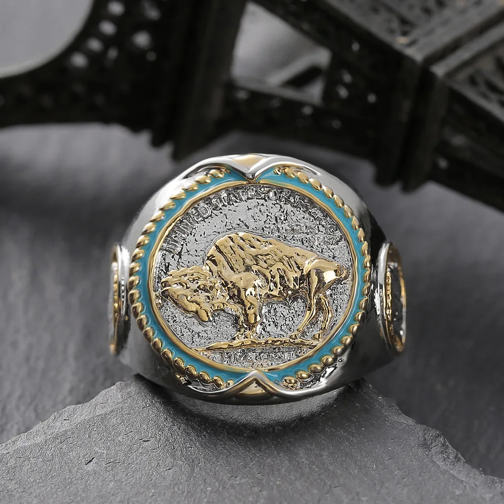 American Western Viking Cowboy Ring for Men Luxury Two Tone Round Shape Carving Buffalo Coin Rings Banquet Antique Jewelry