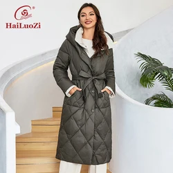 HaiLuoZi-Manteau en duvet pour femme avec poche inclinée et ceinture, parkas chaudes légères, veste matelassurera à capuche, hiver, nouveau, 2023, 1159