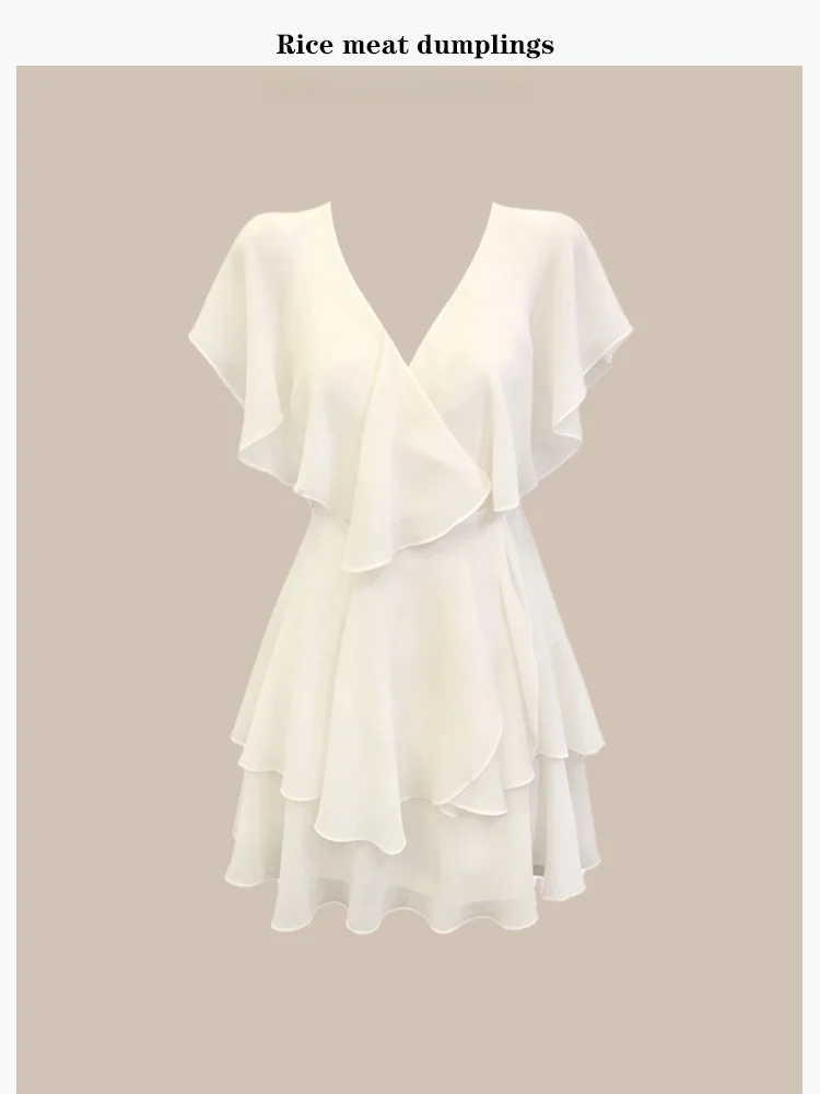 

Elegant V-Neck Short Skirt Waist Cinched Chiffon Dress Gentle Big Sister Sexy Flounce Sleeve Polyester Fiber Low Stretch A-Li...