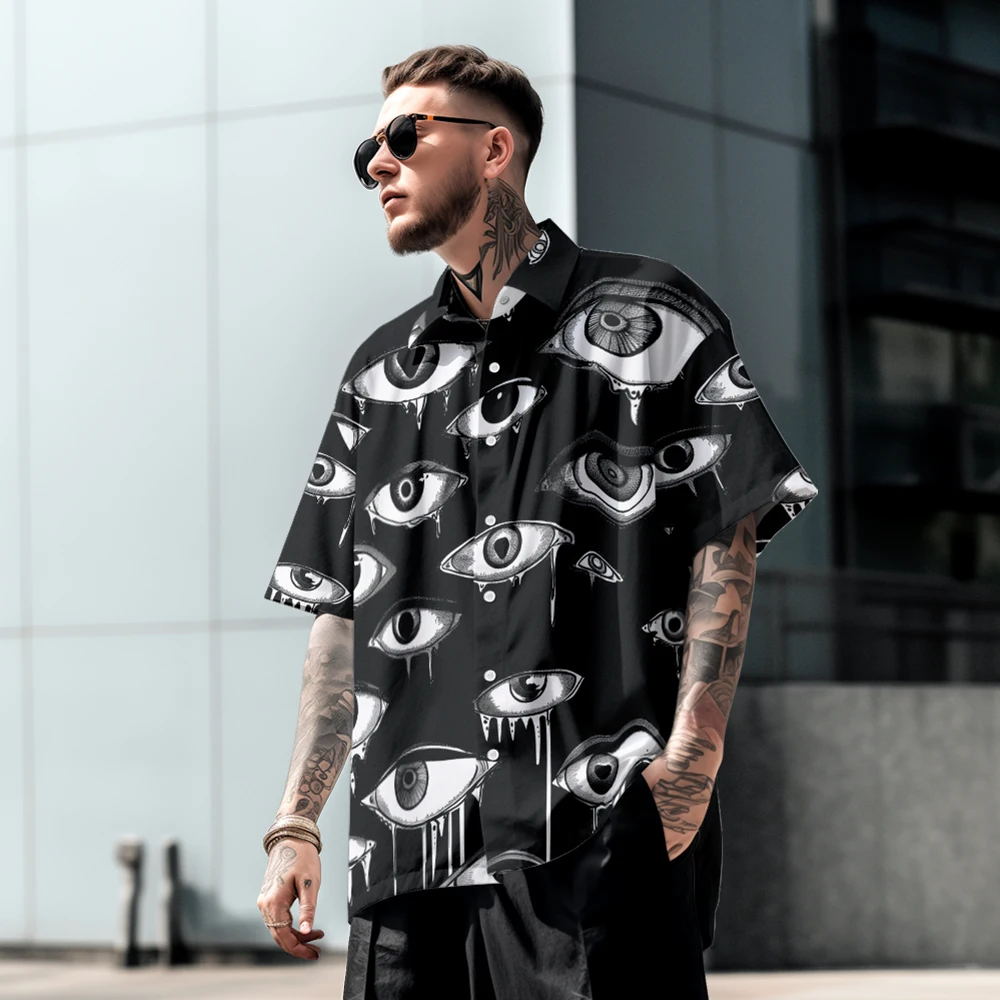 Summer casual large size short-sleeved shirt high street element eye pattern loose trend single row button fashion shirt