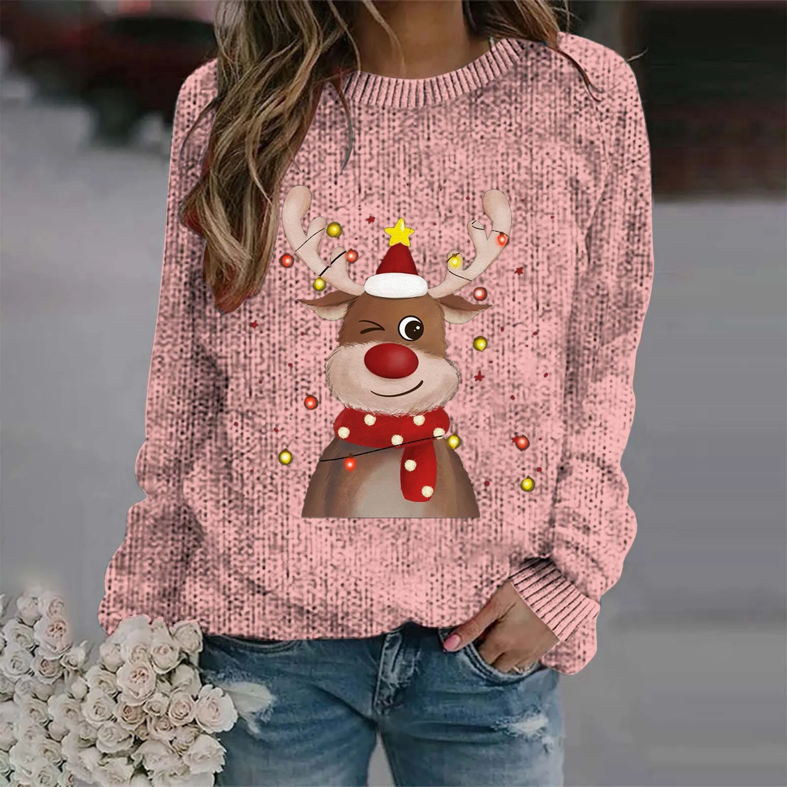 Ladies' Christmas Cartoon Reindeer Head Printed Casual Sweater Autumn Winter Round Neck Shoulder Down Long Sleeve Pullover