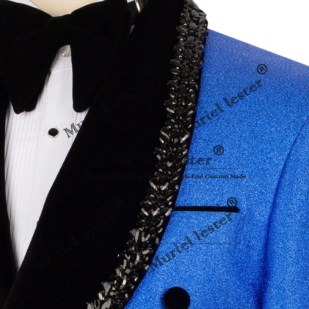 Rhinestones Suit Man For Wedding Glitter Black Shawl Lapel Double Breasted Jacket Pants 2 Pieces Man Prom Tuxedos Customized