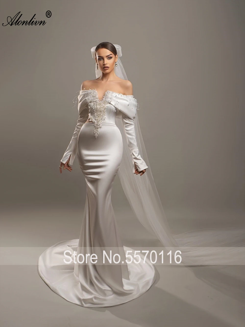 Alonlivn Customize Made Delicate Beading Pearls Mermaid Wedding Dress With Off Shoulder Full Sleeves Trumpet Bridal Gowns