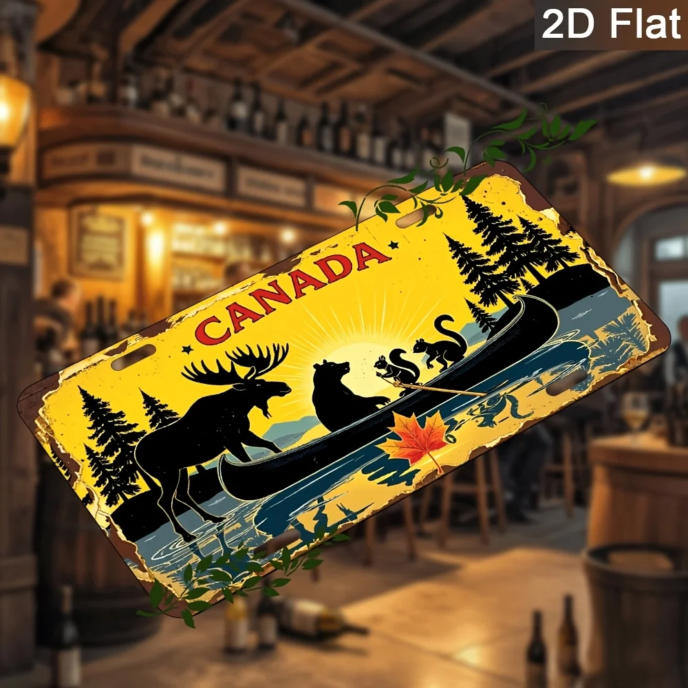 1pc Vintage Canadian Wilderness Metal Sign - Moose, Canoe & Pine Trees Retro Decoration - 6x12 Inch (15x30cm) Aluminum Plaque