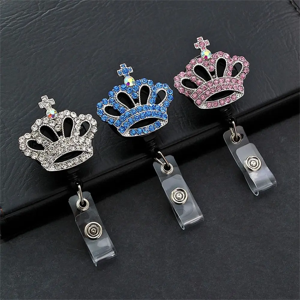 Rhinestone Crown Badge Reel Easy-pull Diamond ID Card Holder Rotation Name Card Retractable Badge Holder Office Accessories