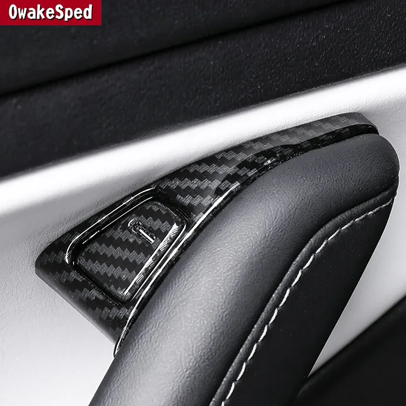 Car Inner Door Locks Button Switch Cover Sticker For Tesla Model 3 Y 2019-2022 Interior Accessories Carbon Fiber Pattern Trim