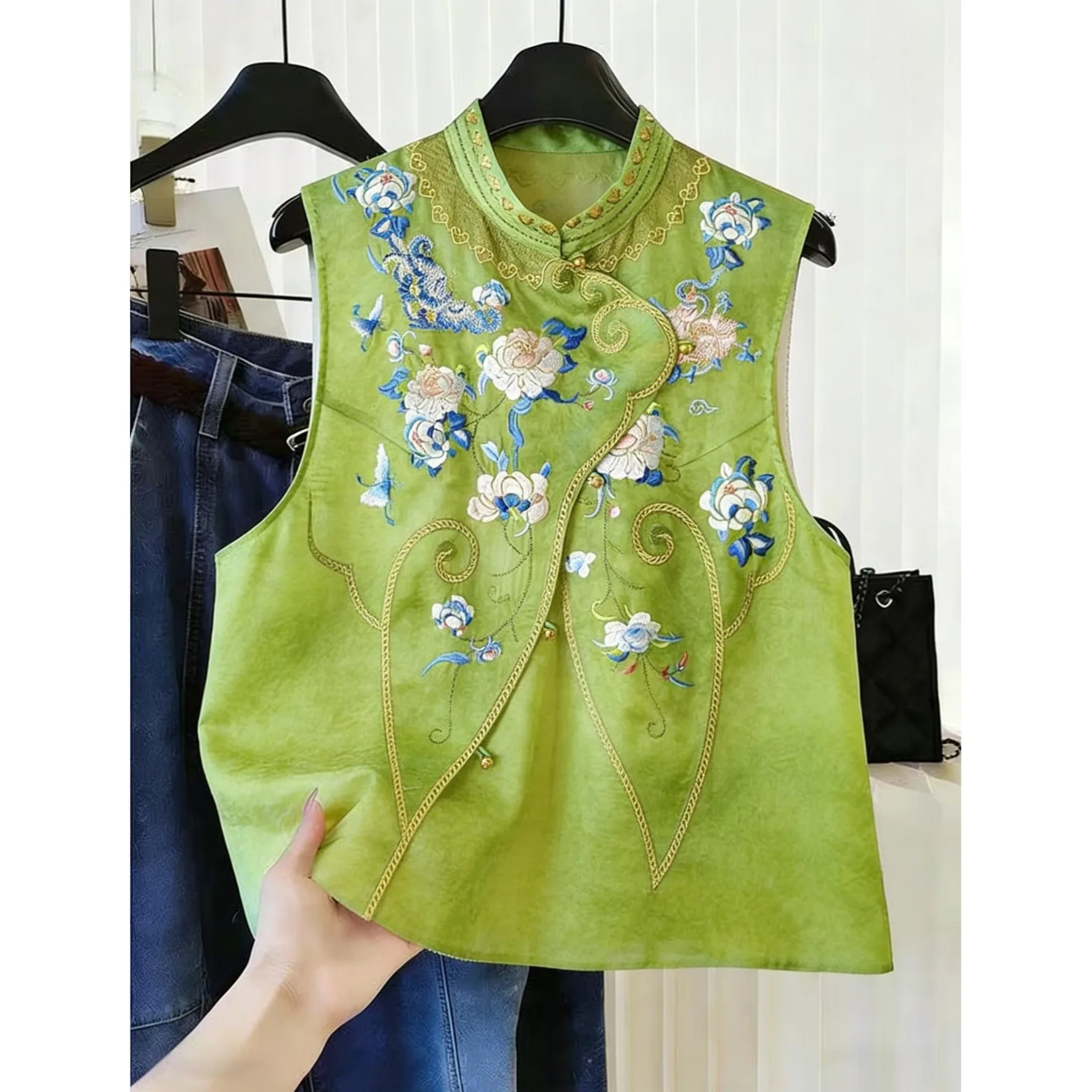 Green Embroidered Heavy Work European Satin Women's Vest Summer Super Beautiful Improved New Chinese Tang Costume Top