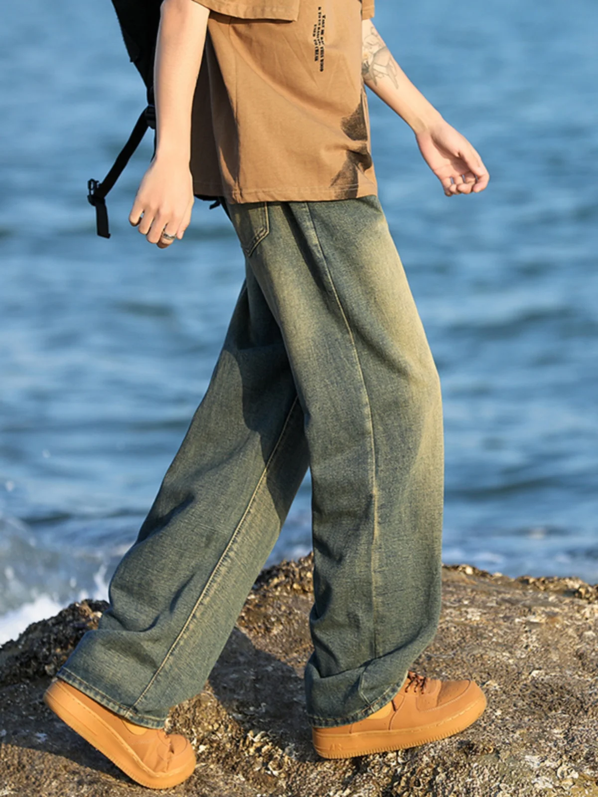 

Retro Waed Blue Men's Jeans Spring Autumn High Street adient Wide Leg Casual Loose Straight Long Trousers