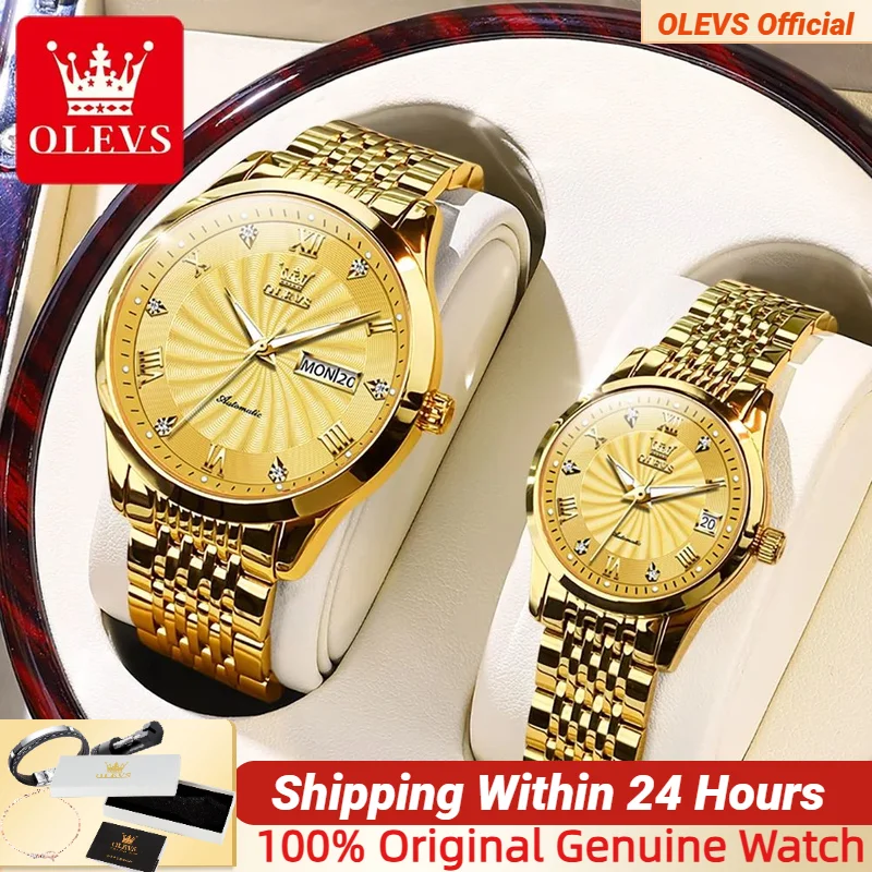 OLEVS 6630 นาฬิกาคู่สําหรับผู้ชายผู้หญิง Auto Date Roman Dial สายสแตนเลสกันน้ํา Luminous Man นาฬิกาข้อมือ