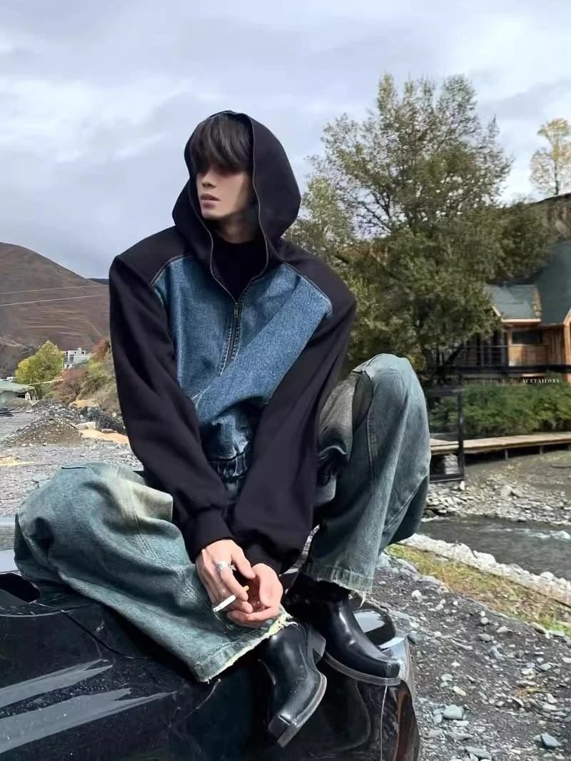 Denim Hoodies Jackets Men American Style High Street Retro Tops Handsome Stylish Padded Shoulder Long Sleeve Hooded Sweatshirts