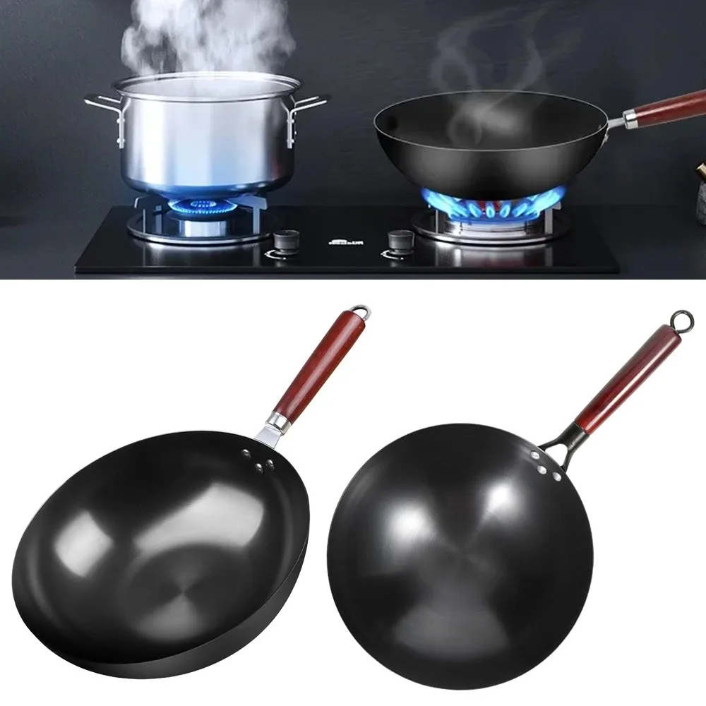 

Traditional Without Ear Chinese Seasoning Iron Wok Wooden Handle Non-stick Cast Iron Pot Uncoated Cooking Wok Home Cooking