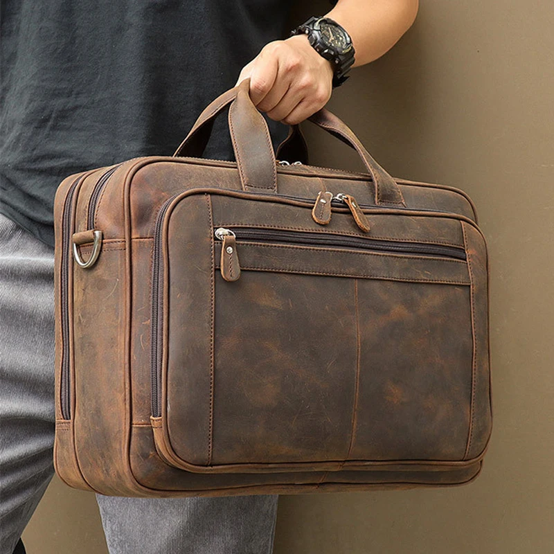 Vintage Crazy Horse Genuine Leather Briefcase Men Business Bag 17