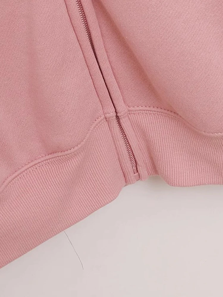 Disney Sweatshirt Minnie Mouse Letter Cartoon Print Fashion Women Pockets Hooded Zip Long Sleeve Fleece Jumper Tops Pink Femme