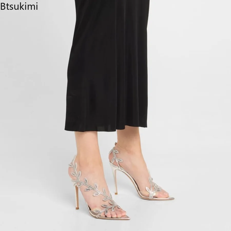New 2025 Women's Summer Street Style PVC Transparent Crystal Pointed Toe Sandals Fashion Stripper Thin Heels Party Shoes Ladies