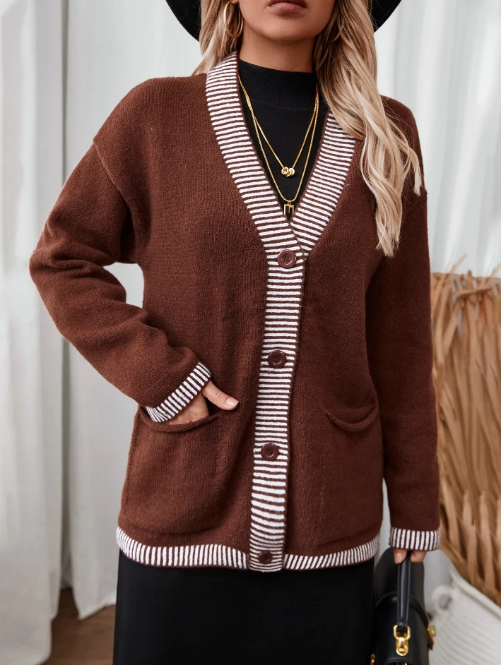 

Women's Sweater Winter Striped Knit Sweater Loose Casual Pockets Details Single Breasted V-neck Long Sleeve Sweater Jacket